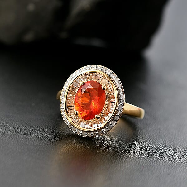 Shop Lc D'Joy Crimson Fire Opal And Diamond 1.50 Ctw Solar Flare Ring In 18K Vermeil Yellow Gold Over Sterling Silver