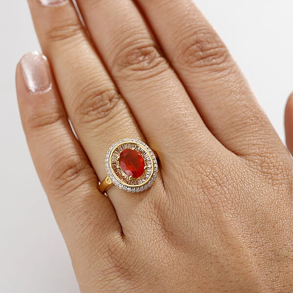 Shop Lc D'Joy Crimson Fire Opal And Diamond 1.50 Ctw Solar Flare Ring In 18K Vermeil Yellow Gold Over Sterling Silver