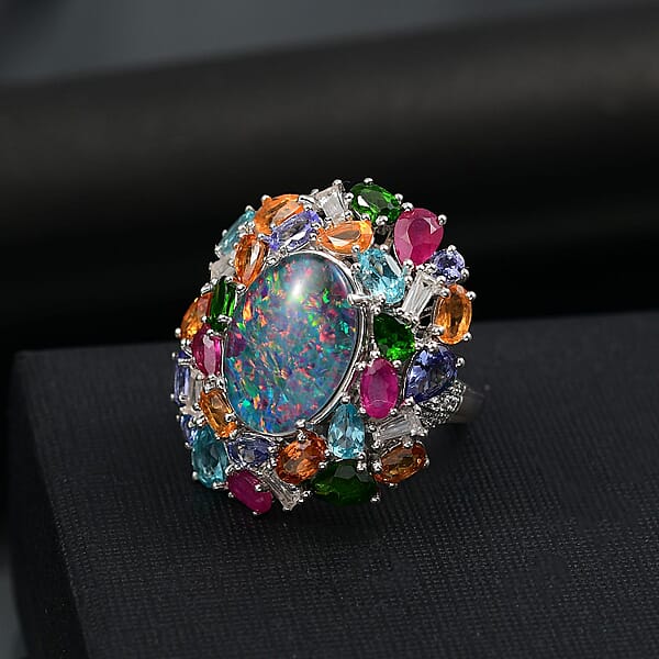 Shop Lc D'Joy Elysian Opal (Triplet) And Multi Gemstone 13.40 Ctw Ring In Rhodium Over Sterling Silver