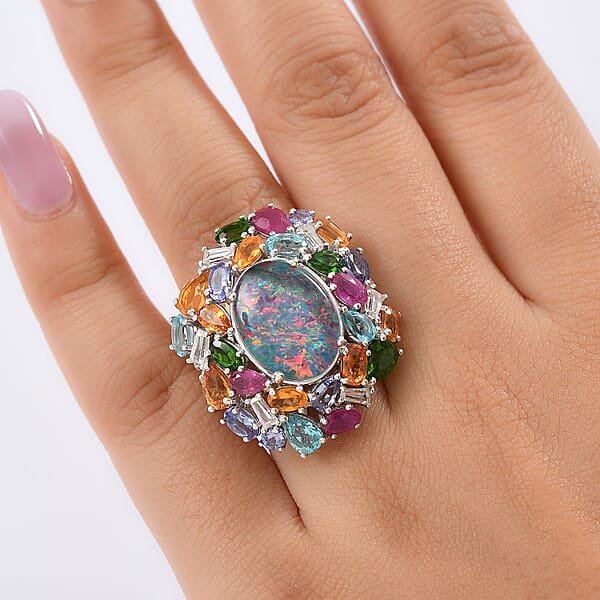 Shop Lc D'Joy Elysian Opal (Triplet) And Multi Gemstone 13.40 Ctw Ring In Rhodium Over Sterling Silver