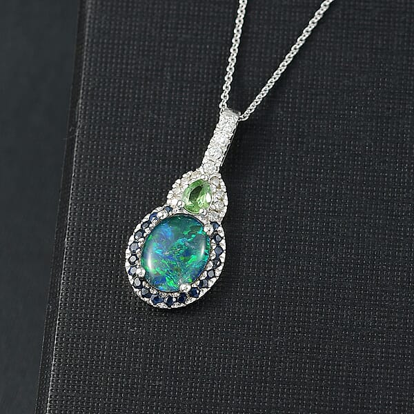 Shop Lc D'Joy Elysian Opal (Triplet) And Multi Gemstone 3.50 Ctw Nebula Halo Pendant Necklace In Rhodium Over Sterling Silver 20 Inches