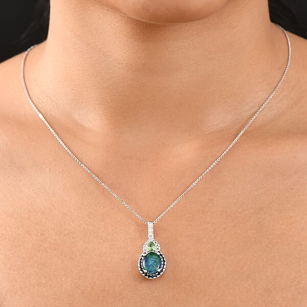 Shop Lc D'Joy Elysian Opal (Triplet) And Multi Gemstone 3.50 Ctw Nebula Halo Pendant Necklace In Rhodium Over Sterling Silver 20 Inches