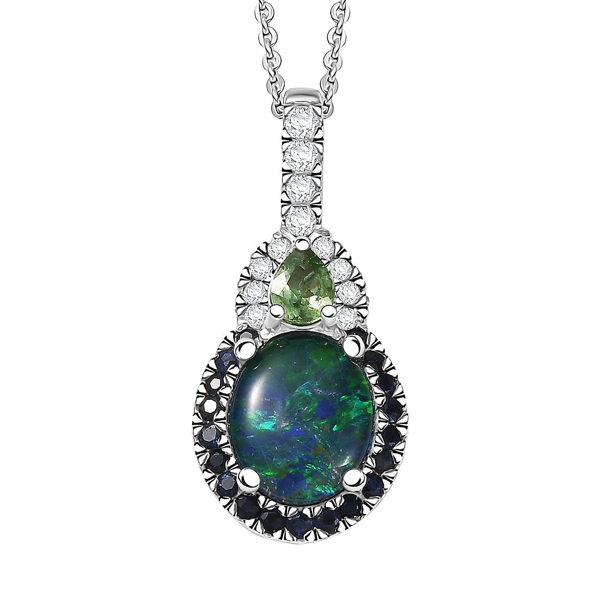shop lc D'Joy Elysian Opal (Triplet) and Multi Gemstone 3.50 ctw Nebula Halo Pendant Necklace in Rhodium Over Sterling Silver 20 Inches