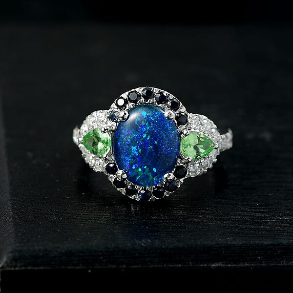 Shop Lc D'Joy Elysian Opal (Triplet) And Multi Gemstone 3.90 Ctw Nebula Halo Ring In Rhodium Over Sterling Silver