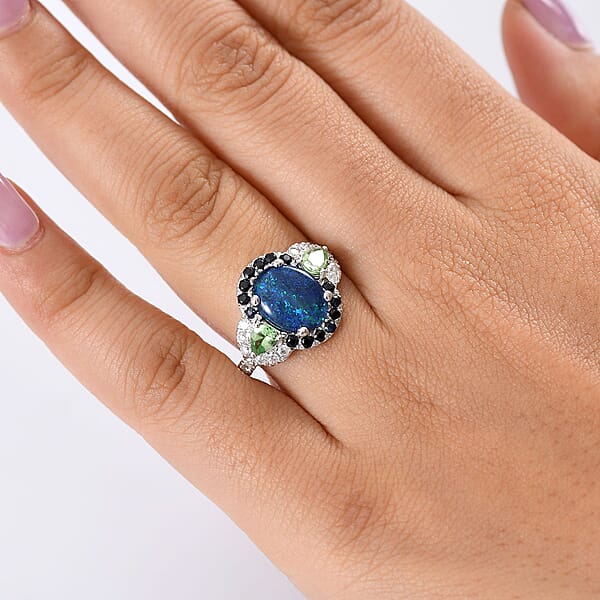 Shop Lc D'Joy Elysian Opal (Triplet) And Multi Gemstone 3.90 Ctw Nebula Halo Ring In Rhodium Over Sterling Silver