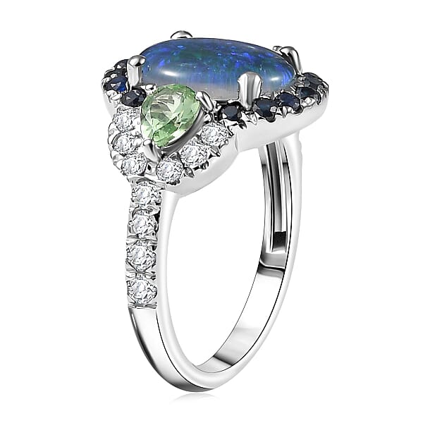 Shop Lc D'Joy Elysian Opal (Triplet) And Multi Gemstone 3.90 Ctw Nebula Halo Ring In Rhodium Over Sterling Silver
