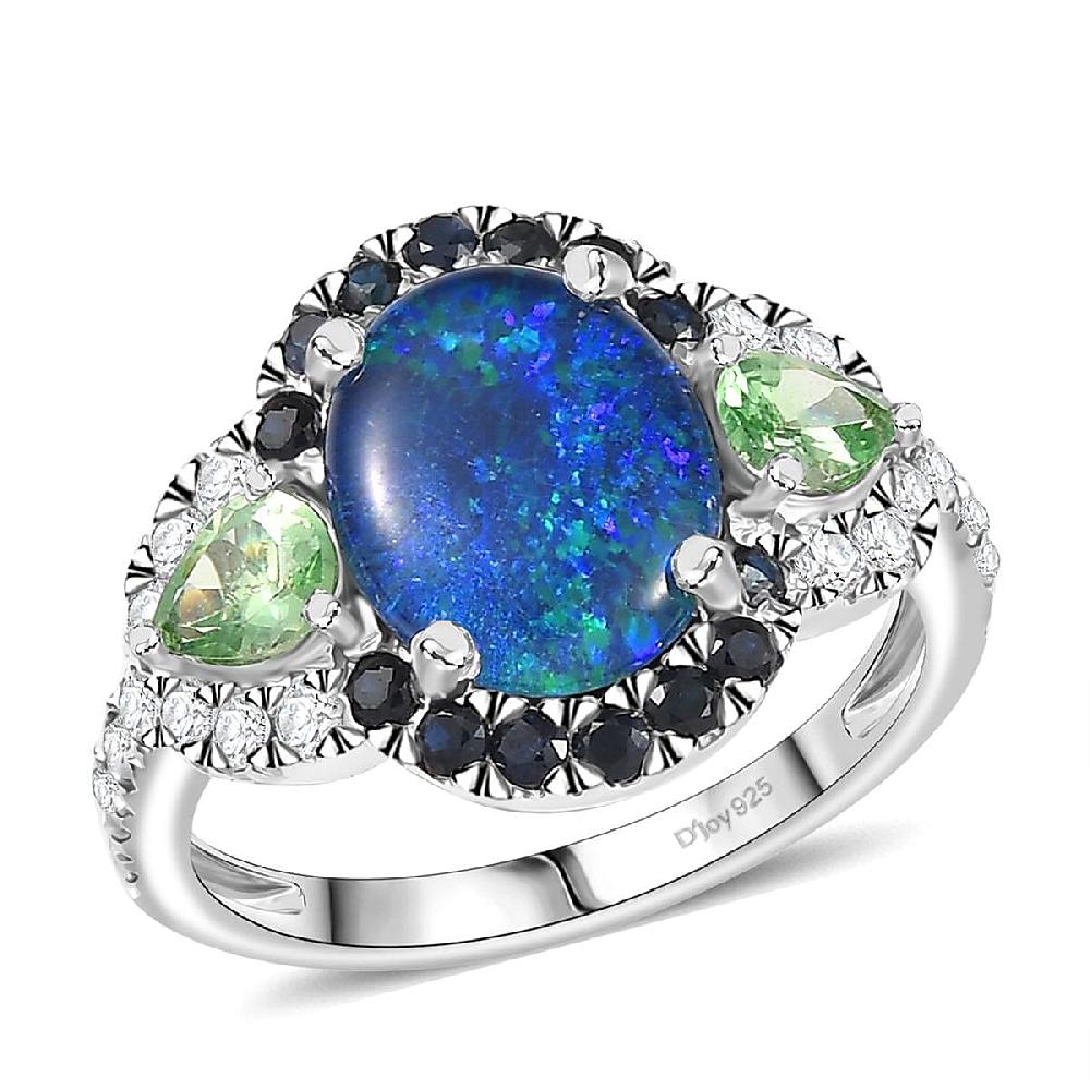 shop lc D'Joy Elysian Opal (Triplet) and Multi Gemstone 3.90 ctw Nebula Halo Ring in Rhodium Over Sterling Silver
