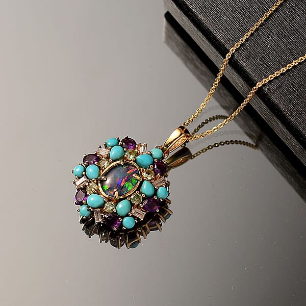 Shop Lc D'Joy Elysian Opal (Triplet) And Multi Gemstone 4.50 Ctw Cosmic Bloom Pendant Necklace In 18K Vermeil Yellow Gold Over Sterling Silver 20 Inches