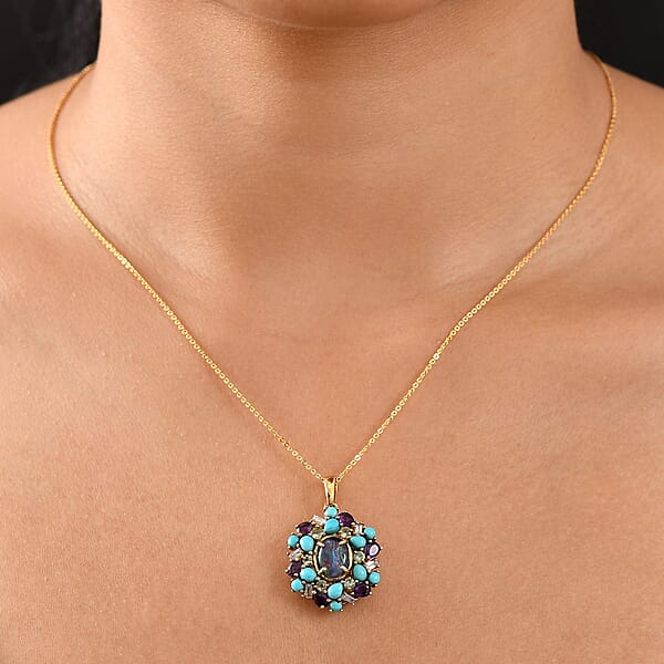 Shop Lc D'Joy Elysian Opal (Triplet) And Multi Gemstone 4.50 Ctw Cosmic Bloom Pendant Necklace In 18K Vermeil Yellow Gold Over Sterling Silver 20 Inches
