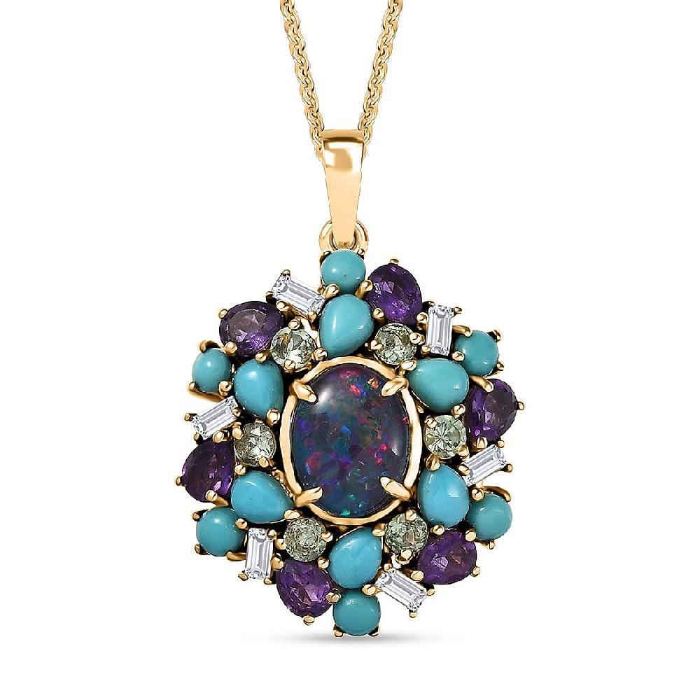 shop lc D'Joy Elysian Opal (Triplet) and Multi Gemstone 4.50 ctw Cosmic Bloom Pendant Necklace in 18K Vermeil Yellow Gold Over Sterling Silver 20 Inches