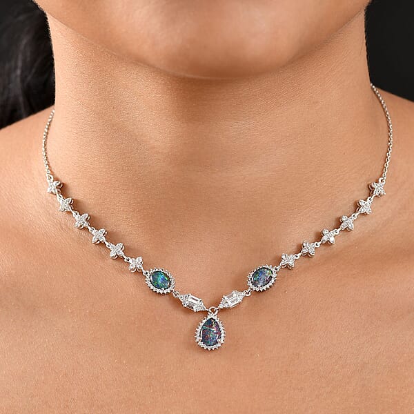 Shop Lc D'Joy Elysian Opal (Triplet) And White Zircon 6.75 Ctw City Skylines Necklace In Rhodium Over Sterling Silver 18 Inches