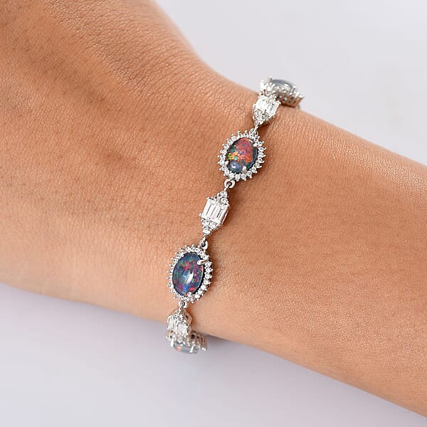 Shop Lc D'Joy Elysian Opal (Triplet) And White Zircon 8.00 Ctw City Skylines Bracelet In Rhodium Over Sterling Silver (7.25 In)