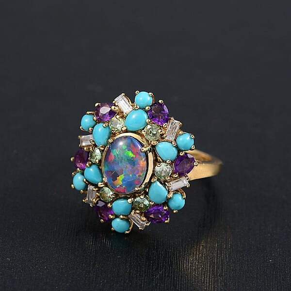 Shop Lc D'Joy Elysian Opal (Triplet) Multi Gemstone Bloom Ring In 18K Vermeil YG Over Sterling Silver 4.50 Ctw