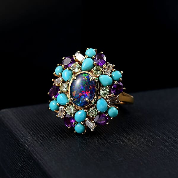 Shop Lc D'Joy Elysian Opal (Triplet) Multi Gemstone Bloom Ring In 18K Vermeil YG Over Sterling Silver 4.50 Ctw