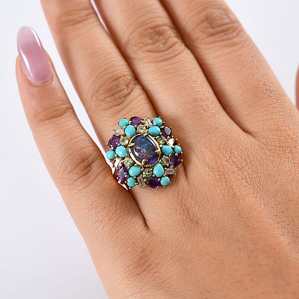 Shop Lc D'Joy Elysian Opal (Triplet) Multi Gemstone Bloom Ring In 18K Vermeil YG Over Sterling Silver 4.50 Ctw