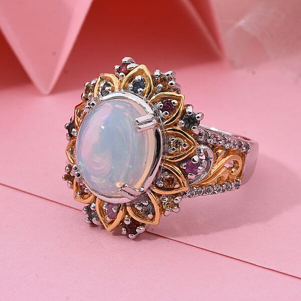 Shop Lc D'Joy Ethiopian Welo Opal Multi Gemstone Moonflower Ring In 18K Vermeil YG And Rhodium Over Sterling Silver 3.90 Ctw
