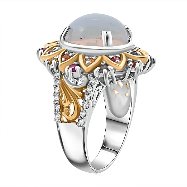 Shop Lc D'Joy Ethiopian Welo Opal Multi Gemstone Moonflower Ring In 18K Vermeil YG And Rhodium Over Sterling Silver 3.90 Ctw