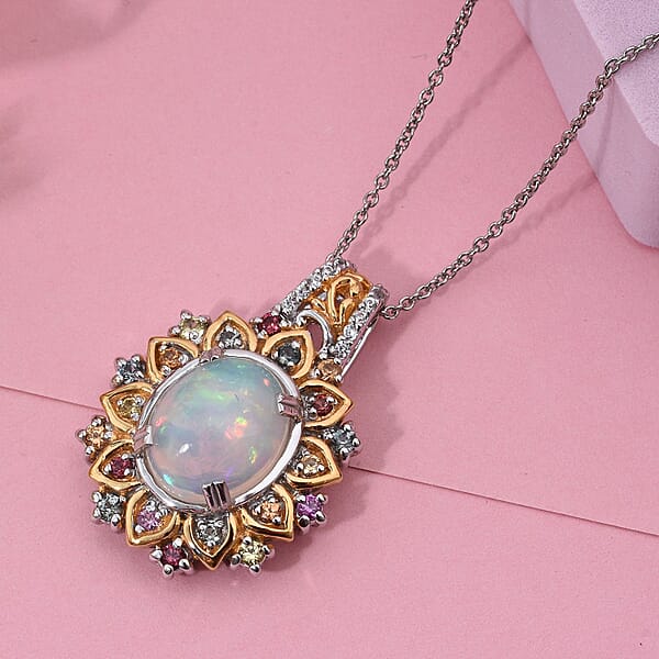 Shop Lc D'Joy Ethiopian Welo Opal Multi Gemstone Moonflower Pendant Necklace In 18K Vermeil YG And Rhodium Over Sterling Silver 3.85 Ctw (20 Inches)