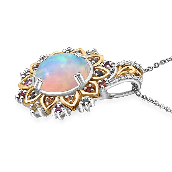 Shop Lc D'Joy Ethiopian Welo Opal Multi Gemstone Moonflower Pendant Necklace In 18K Vermeil YG And Rhodium Over Sterling Silver 3.85 Ctw (20 Inches)