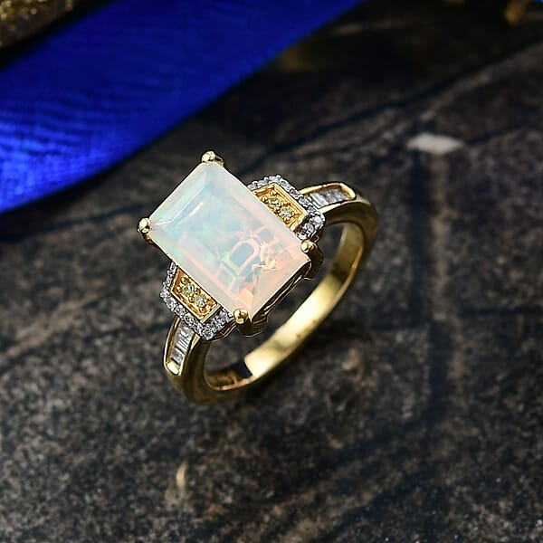 Shop Lc D'Joy Ethiopian Welo Opal Natural Yellow White Diamond Art Deco Ring In 18K Vermeil YG Over Sterling Silver 2.70 Ctw