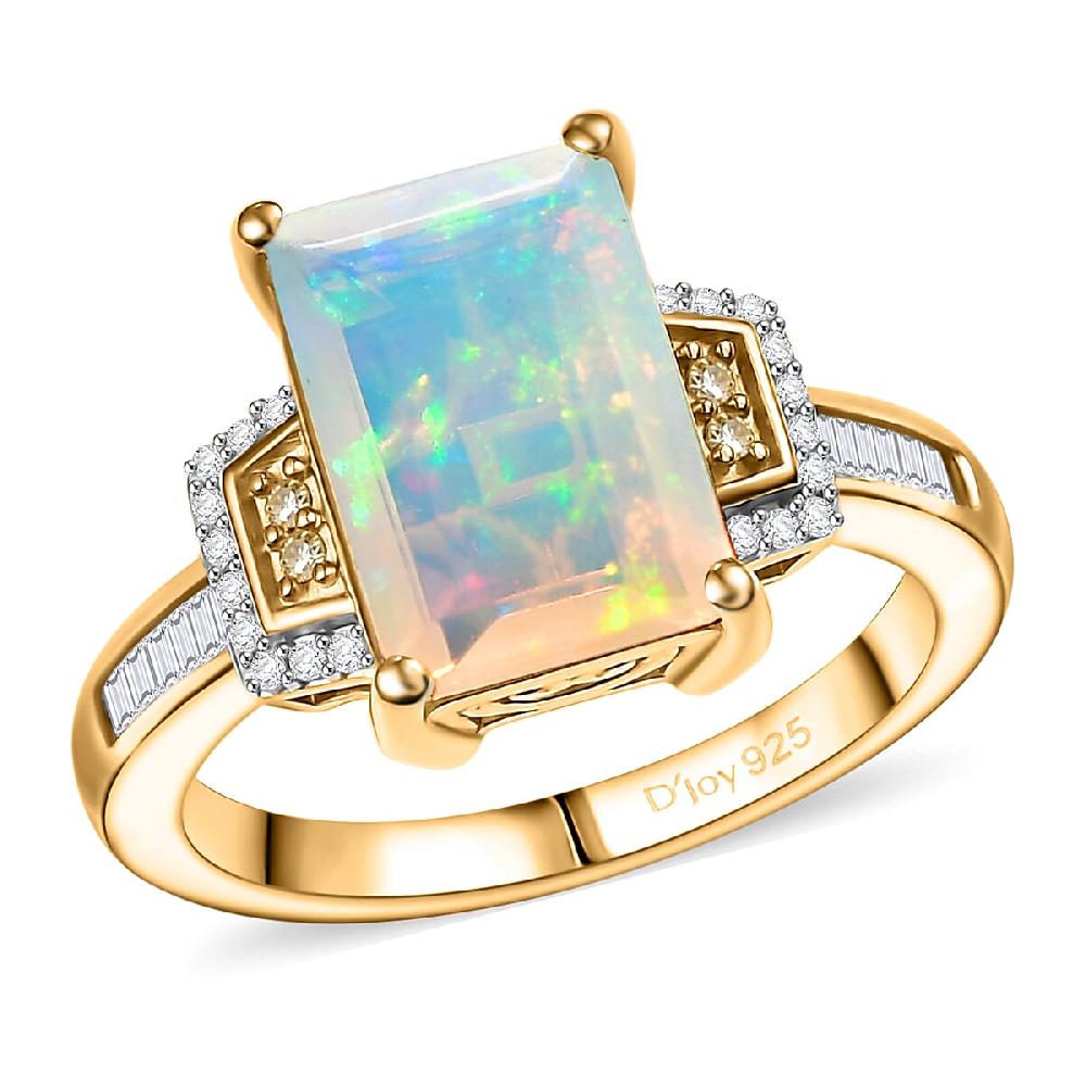 shop lc D'Joy Ethiopian Welo Opal Natural Yellow White Diamond Art Deco Ring in 18K Vermeil YG Over Sterling Silver 2.70 ctw