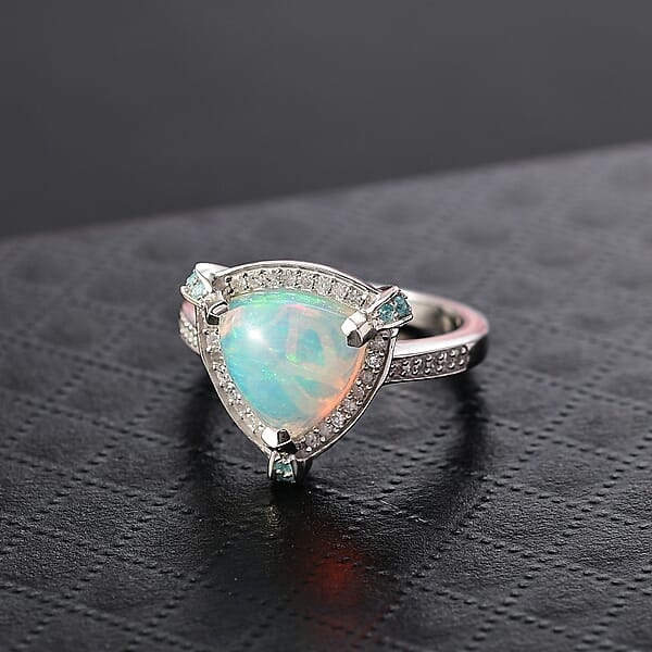 Shop Lc D'Joy Ethiopian Welo Opal Paraiba Tourmaline Diamond Halo Ring In Rhodium Over Sterling Silver 2.50 Ctw