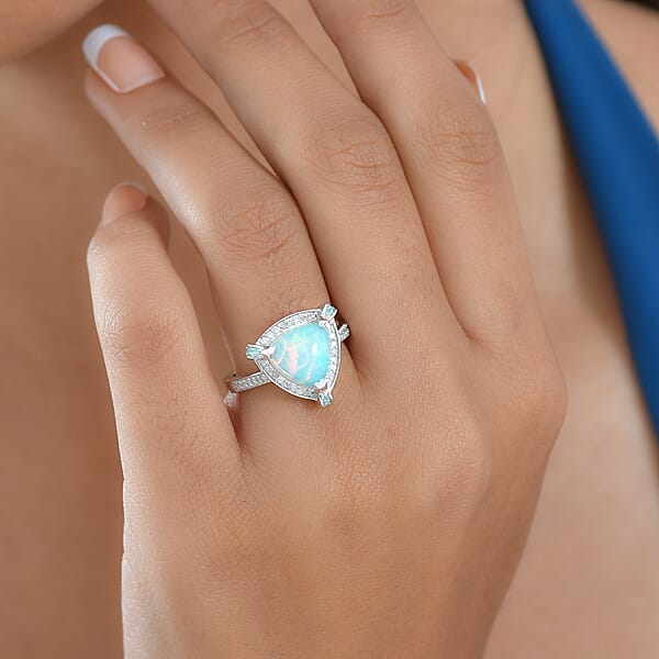Shop Lc D'Joy Ethiopian Welo Opal Paraiba Tourmaline Diamond Halo Ring In Rhodium Over Sterling Silver 2.50 Ctw