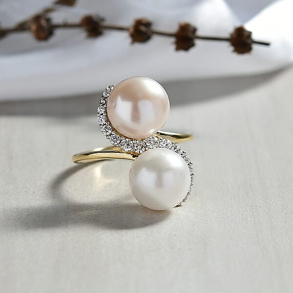 Shop Lc D'Joy Freshwater Peach/White Pearl White Zircon Bypass Ring In 18K Vermeil YG Over Sterling Silver 0.50 Ctw