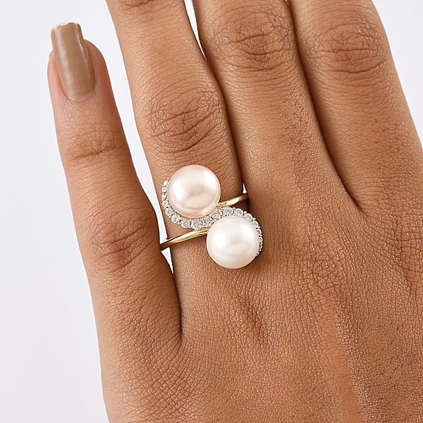 Shop Lc D'Joy Freshwater Peach/White Pearl White Zircon Bypass Ring In 18K Vermeil YG Over Sterling Silver 0.50 Ctw