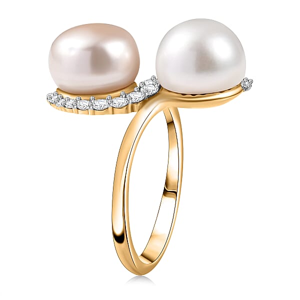 Shop Lc D'Joy Freshwater Peach/White Pearl White Zircon Bypass Ring In 18K Vermeil YG Over Sterling Silver 0.50 Ctw
