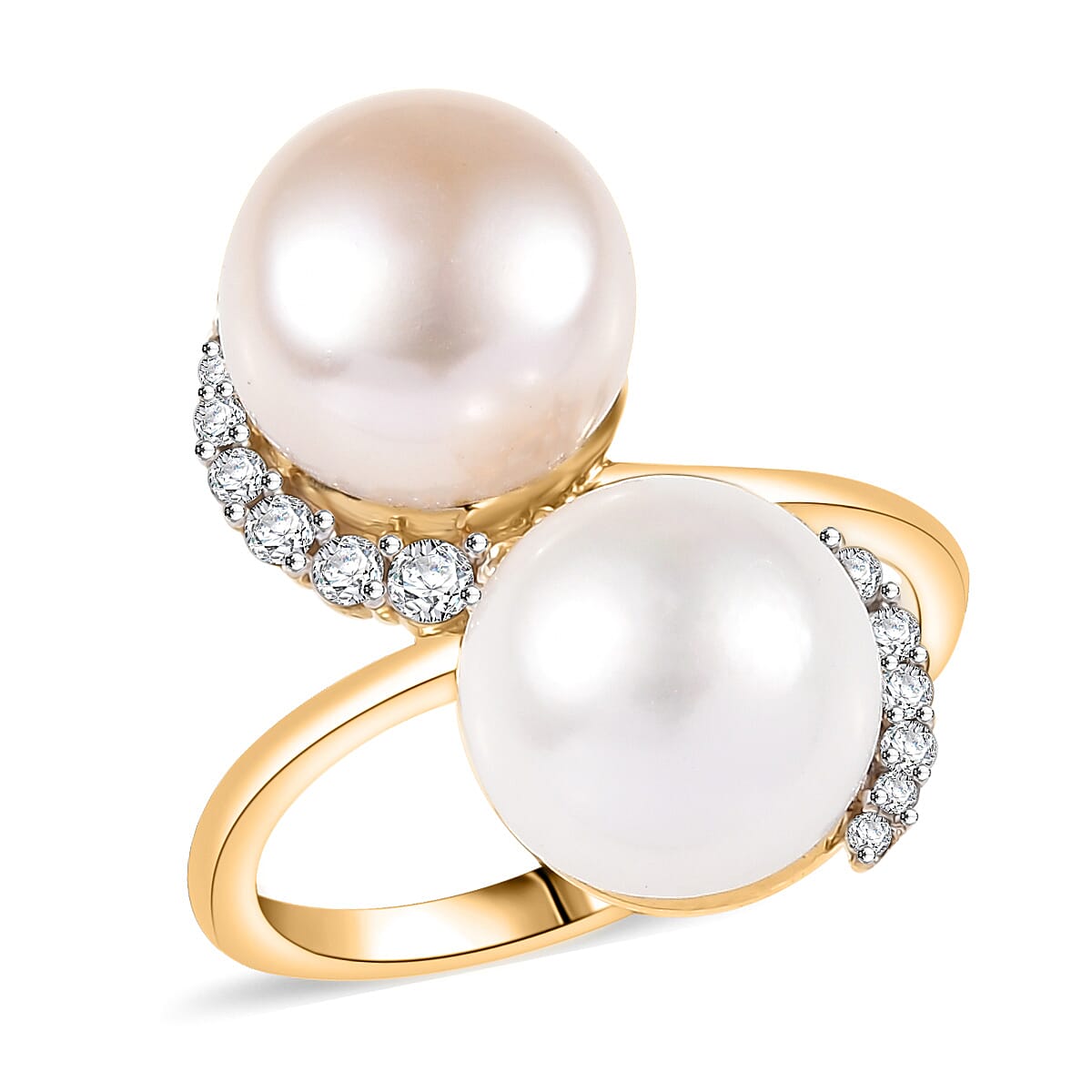 shop lc D'Joy Freshwater Peach/White Pearl White Zircon Bypass Ring in 18K Vermeil YG Over Sterling Silver 0.50 ctw