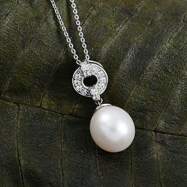 Shop Lc D'Joy Freshwater Pearl And White Zircon 0.25 Ctw Pendant Necklace In Rhodium Over Sterling Silver 20 Inches