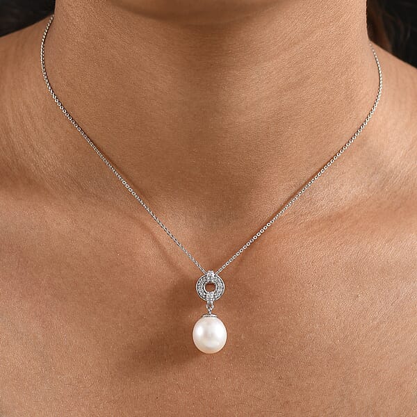 Shop Lc D'Joy Freshwater Pearl And White Zircon 0.25 Ctw Pendant Necklace In Rhodium Over Sterling Silver 20 Inches