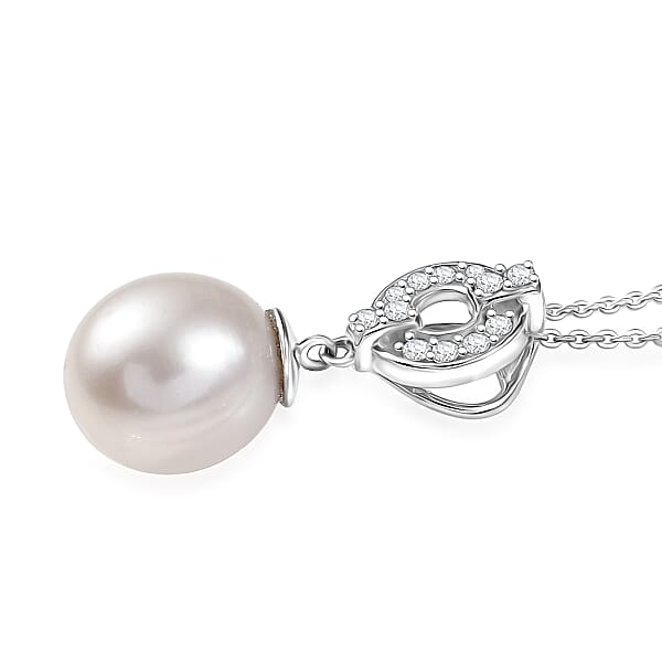 Shop Lc D'Joy Freshwater Pearl And White Zircon 0.25 Ctw Pendant Necklace In Rhodium Over Sterling Silver 20 Inches