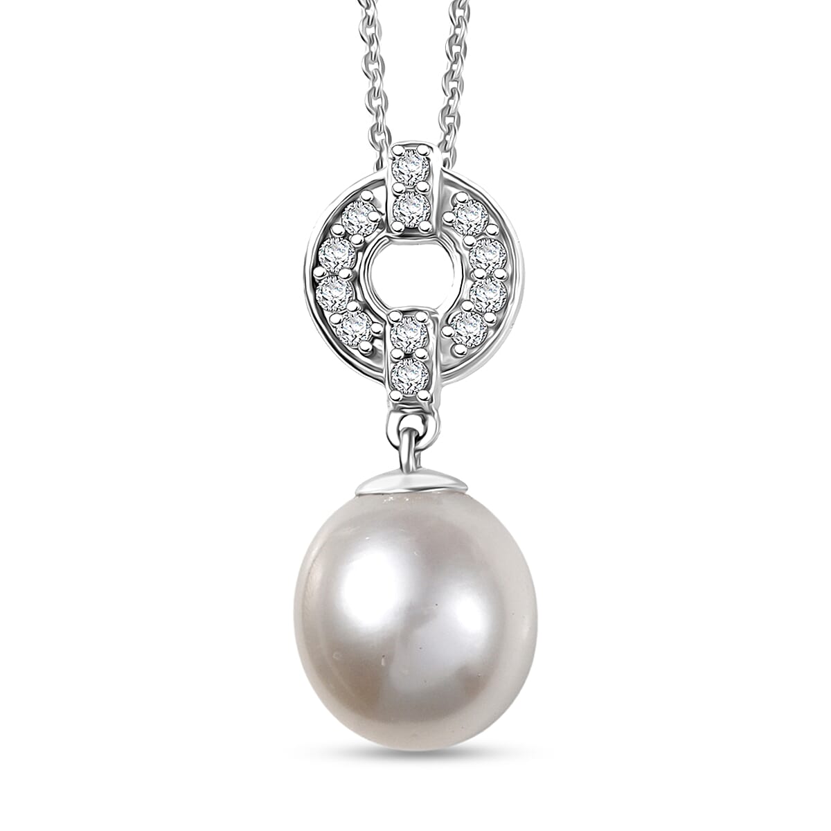 shop lc D'Joy Freshwater Pearl and White Zircon 0.25 ctw Pendant Necklace in Rhodium Over Sterling Silver 20 Inches