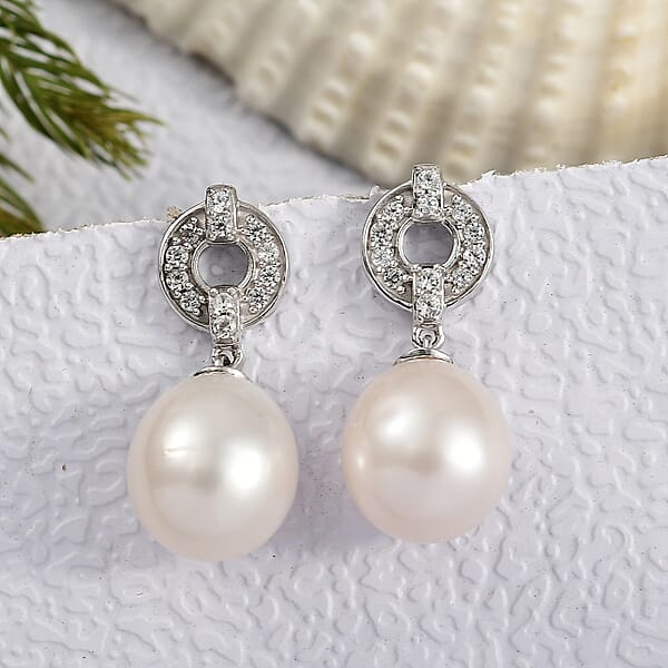 Shop Lc D'Joy Freshwater Pearl And White Zircon 0.50 Ctw Earrings In Rhodium Over Sterling Silver