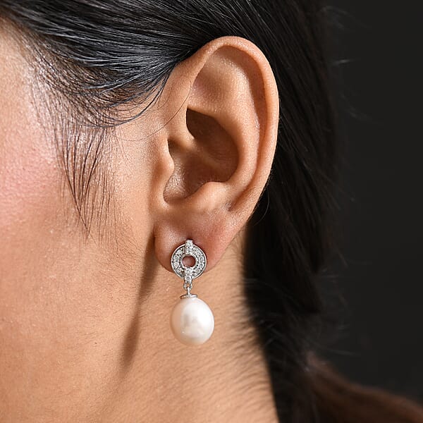 Shop Lc D'Joy Freshwater Pearl And White Zircon 0.50 Ctw Earrings In Rhodium Over Sterling Silver