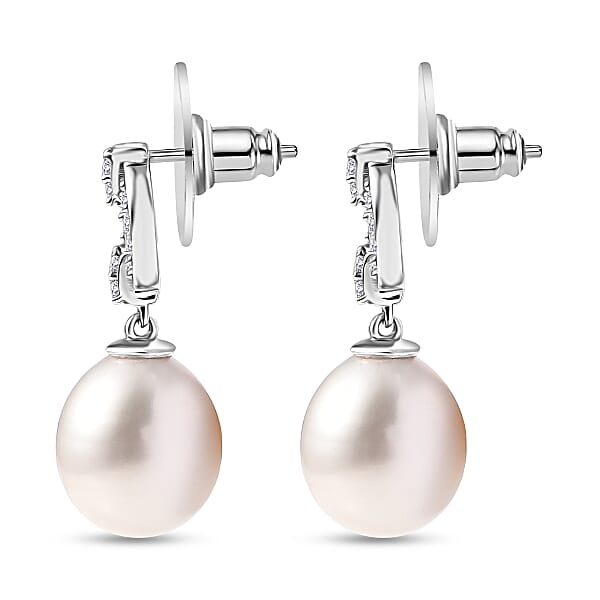 Shop Lc D'Joy Freshwater Pearl And White Zircon 0.50 Ctw Earrings In Rhodium Over Sterling Silver