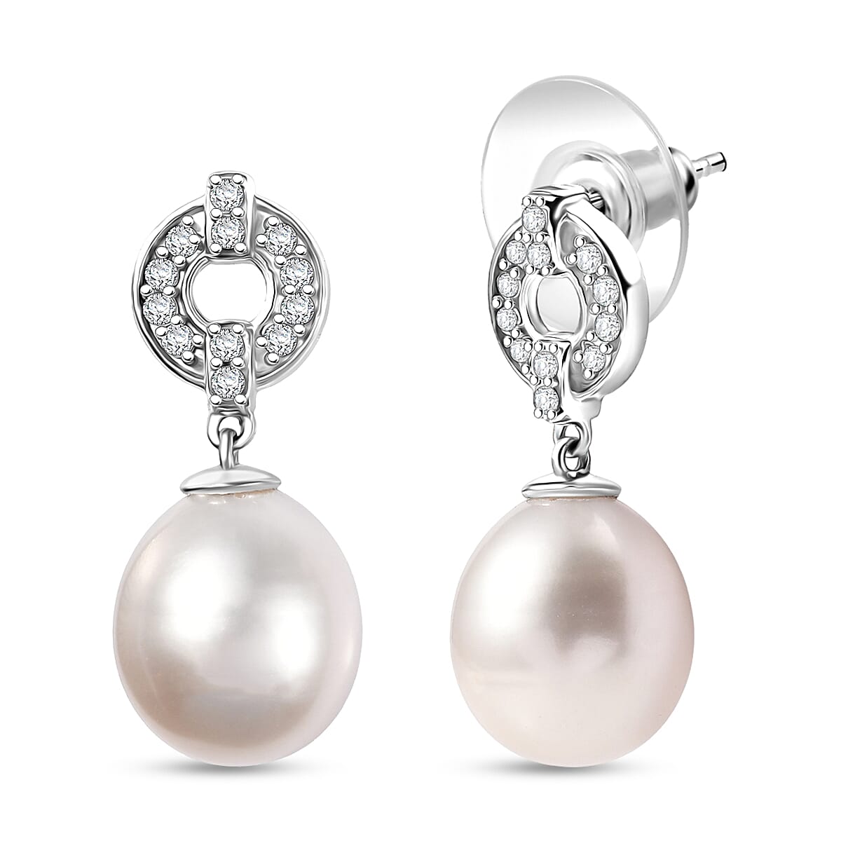 shop lc D'Joy Freshwater Pearl and White Zircon 0.50 ctw Earrings in Rhodium Over Sterling Silver
