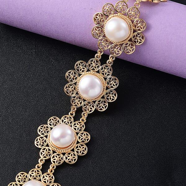 Shop Lc D'Joy Freshwater Pearl Floral Bracelet In 18K Vermeil Yellow Gold Over Sterling Silver (7.25 In)