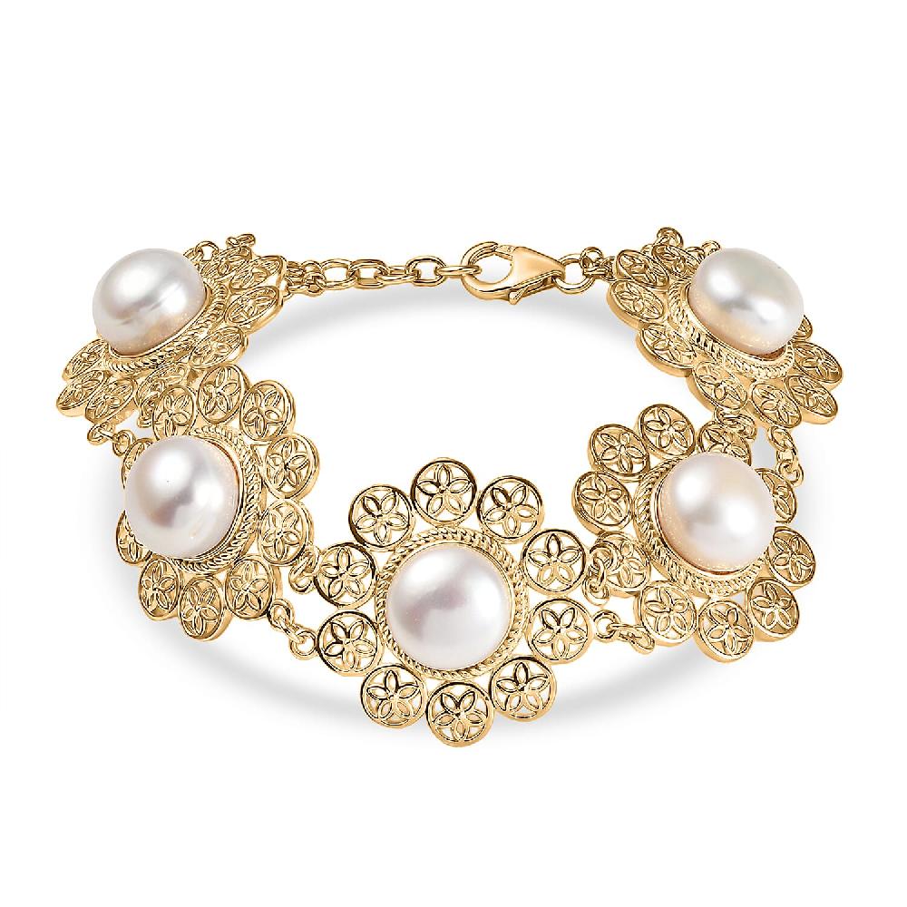 shop lc D'Joy Freshwater Pearl Floral Bracelet in 18K Vermeil Yellow Gold Over Sterling Silver (7.25 In)
