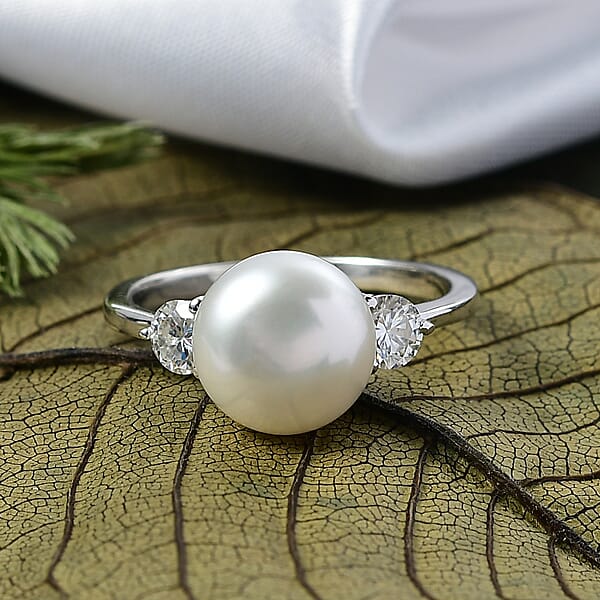 Shop Lc D'Joy Freshwater Pearl Moissanite Ring In Rhodium Over Sterling Silver 0.50 Ctw