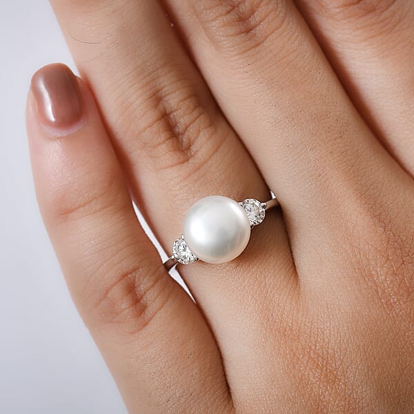 Shop Lc D'Joy Freshwater Pearl Moissanite Ring In Rhodium Over Sterling Silver 0.50 Ctw
