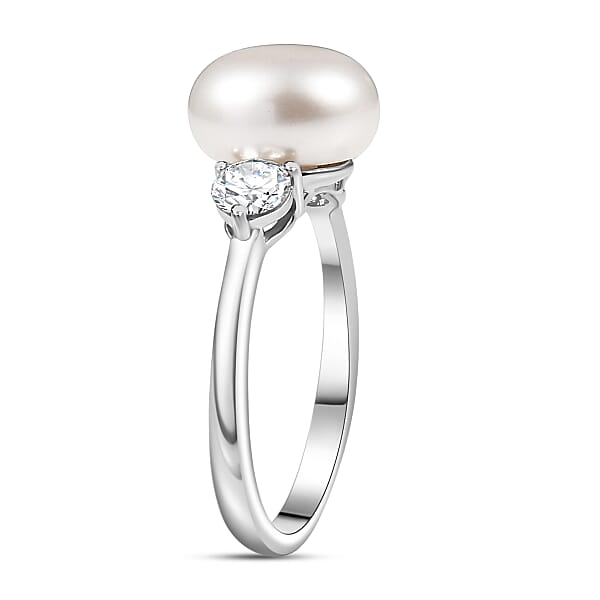 Shop Lc D'Joy Freshwater Pearl Moissanite Ring In Rhodium Over Sterling Silver 0.50 Ctw