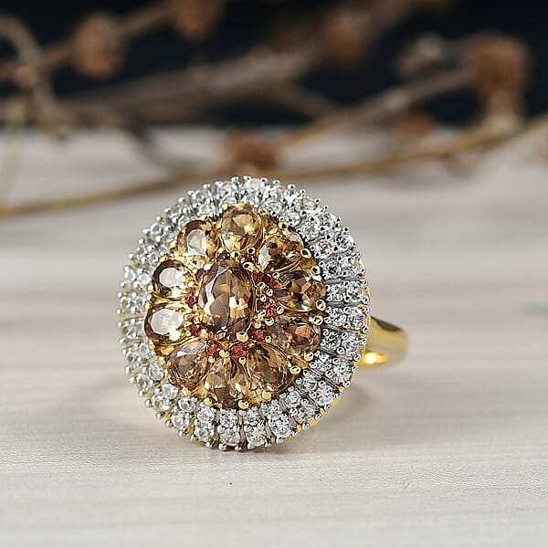 Shop Lc D'Joy Golden Turkizite White And Chocolate Zircon 3.40 Ctw Floral Ring In 18K Vermeil Yellow Gold Over Sterling Silver