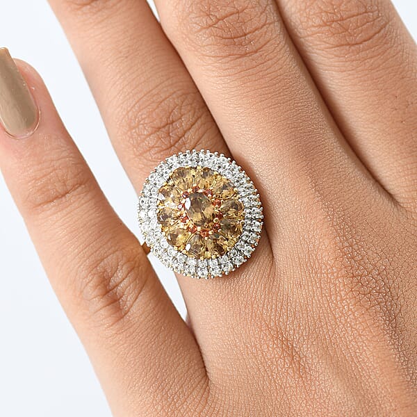 Shop Lc D'Joy Golden Turkizite White And Chocolate Zircon 3.40 Ctw Floral Ring In 18K Vermeil Yellow Gold Over Sterling Silver