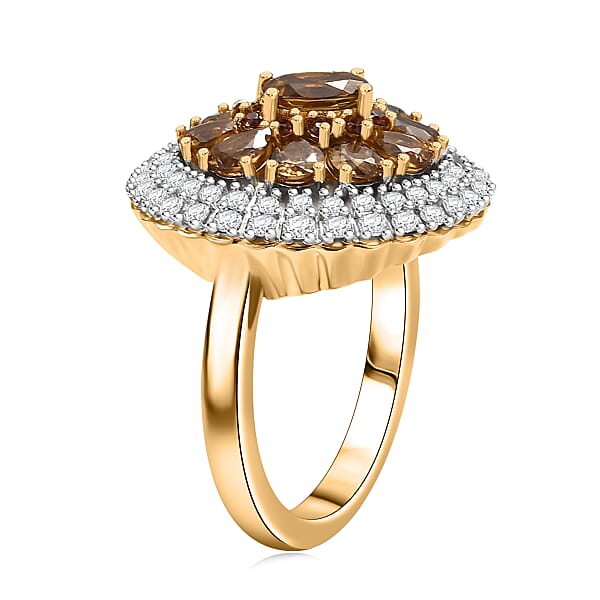 Shop Lc D'Joy Golden Turkizite White And Chocolate Zircon 3.40 Ctw Floral Ring In 18K Vermeil Yellow Gold Over Sterling Silver