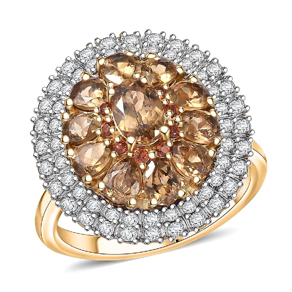shop lc D'Joy Golden Turkizite White and Chocolate Zircon 3.40 ctw Floral Ring in 18K Vermeil Yellow Gold Over Sterling Silver
