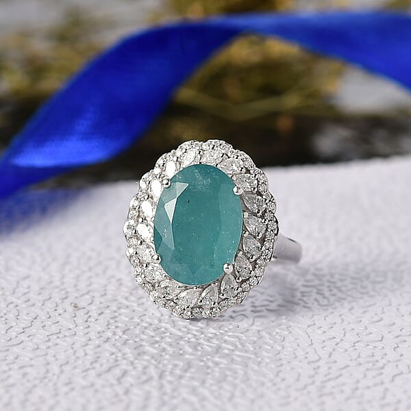 Shop Lc D'Joy Grandidierite Moissanite Halo Ring In Rhodium Over Sterling Silver 7.90 Ctw