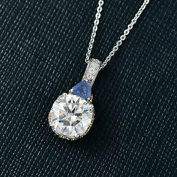 Shop Lc D'Joy Heart And Arrow Cut Moissanite And Masoala Sapphire (D) 4.70 Ctw Pendant Necklace In 18K Vermeil YG And Rhodium Over Sterling Silver 20 Inches
